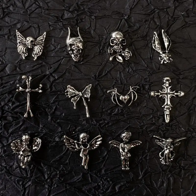 10pcs Gothic Punk Style Nail Art Charms Antique Silver Alloy  Jesus Catholic Cross Accessories Devil Angel Nail Decorations