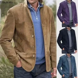 New2024 Men's Casual Jacket Coats Vintage Turn-down Collar Blazer Autumn Winter Button-up Slim England Thicken Outerwear for Men