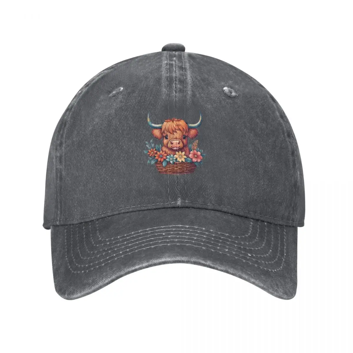 Scottish Highland cow inside floral basket Baseball Cap custom Hat Streetwear Baseball Men Women's