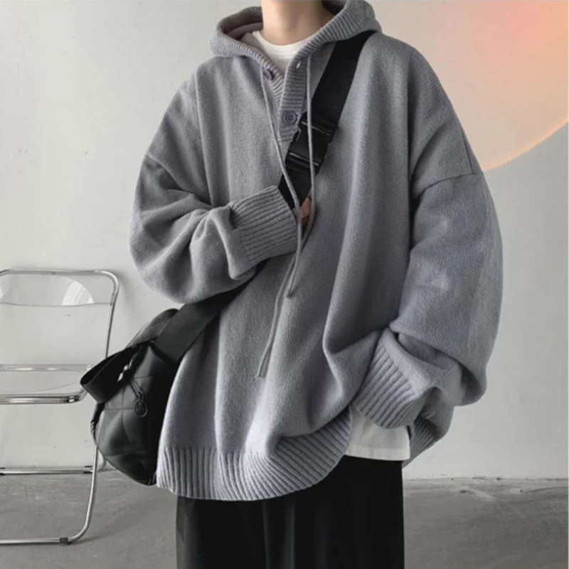 Spring Autumn Men\'s Hooded Sweater Vintage Loose Knitwear Coat Solid Color Fashion Versatile Casual Long Sleeve Pullover Sweater