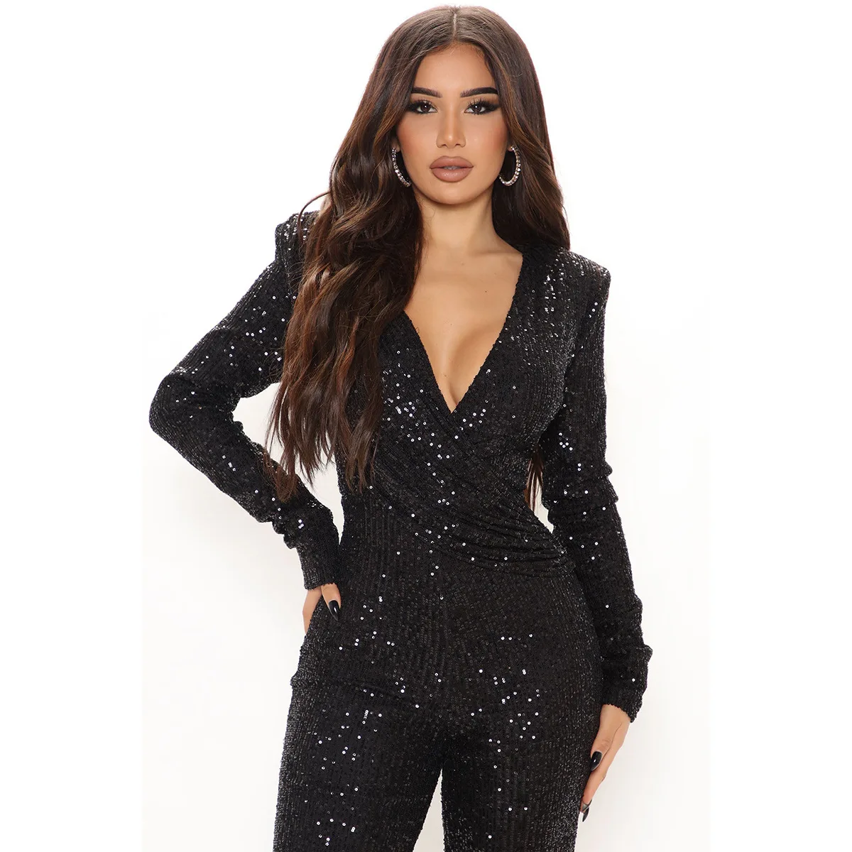 Mono negro de lentejuelas para mujer, traje Sexy de una pieza con cuello en V profundo, elegante para fiesta nocturna, trajes de baile para Club,