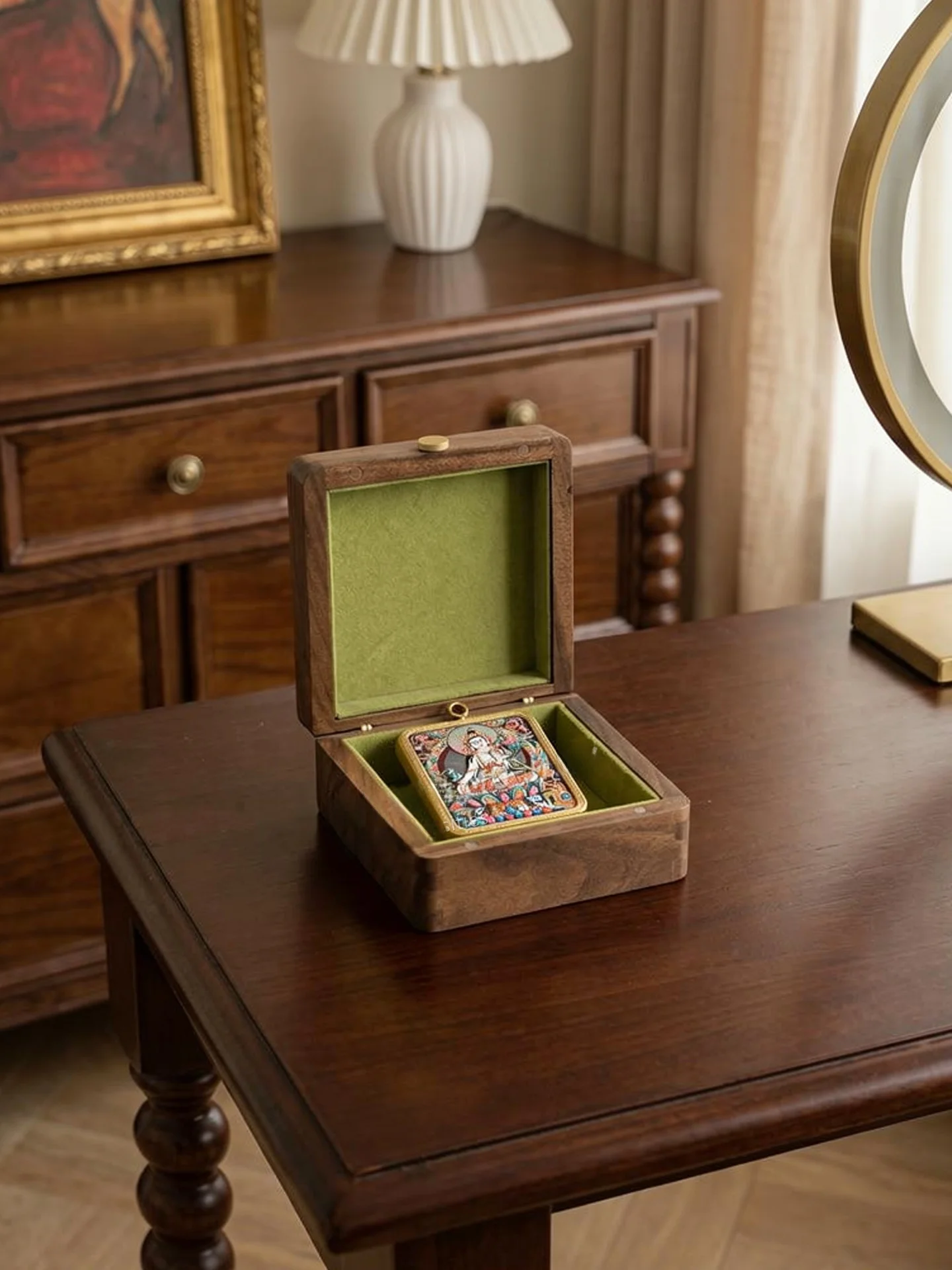 

High-End Black Walnut Wood Jewelry Box Songshi Aesthetic Tangka Storage Box Mindfulness Buddha Amulet Wooden Case