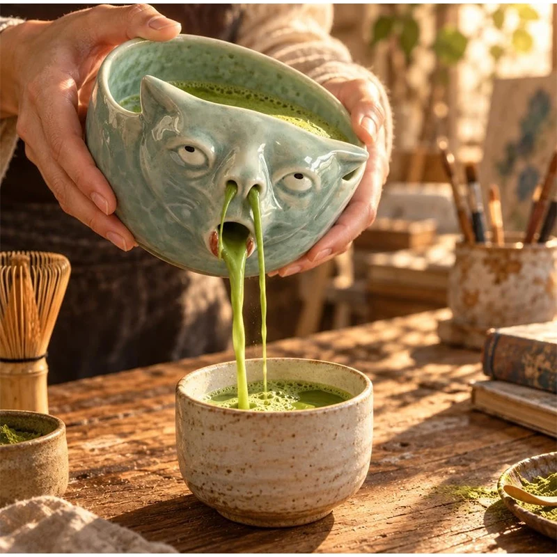 Runny Nose Cat Ceramic Matcha Bowl Handmade Funny Cat Face Tea Dispenser Niche Art Pottery Decor 1/2Pcs Weird Trick Cup