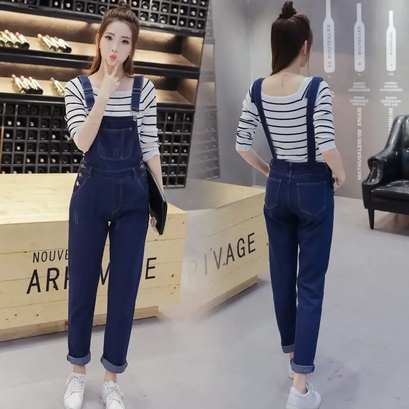 Jumpsuits Women Spring Autumn Solid Blue Denim Hole Ankle Length Vintage Students Female Ulzzang Hot New Kawaii Young Gentle Ins