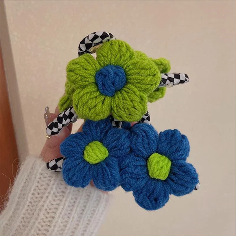 Fashion Premium Blue Green Handmade Woolen Flower Hair Clip Headwear Woman Elegant Large Ponytail Claw Sexy Luxury Accessories