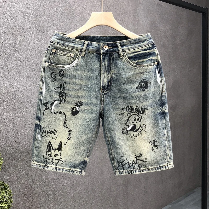 2024 Nieuwe Denim Bedrukte Shorts Voor Heren 'S Zomer High-End Modetrendmerk Retro Casual Losse Pijpen Gewassen Kniebroek