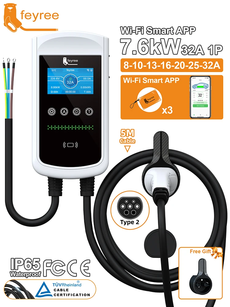 Feyree 32A 22kW 7,6kW Typ2 EV-Ladegerät 11kW 3P EVSE Wallbox 1P 4,3-Zoll-Bildschirm Neue Smart-App-Steuerung Ladestation Autoladegerät