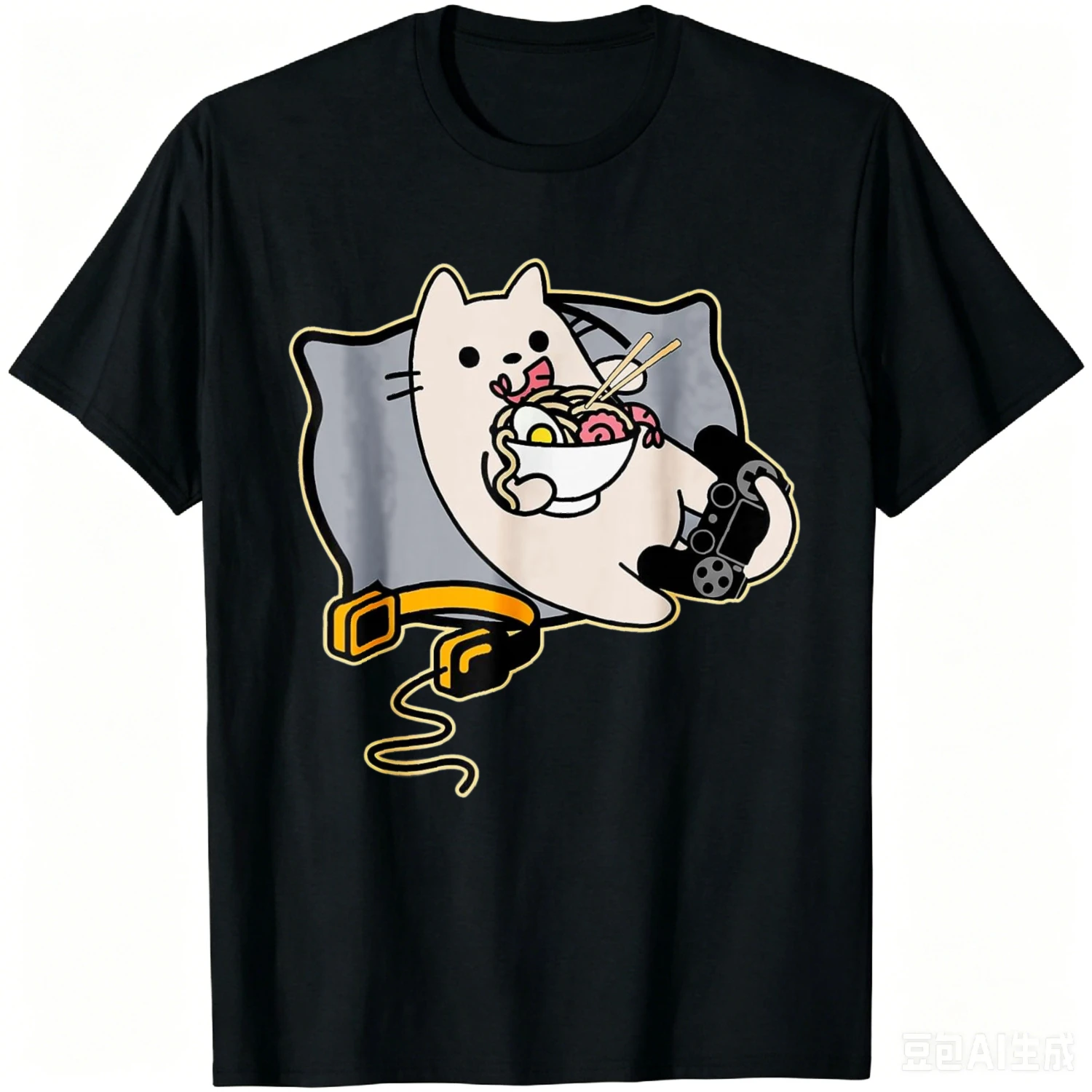 Ramen Eating Gamer Cat Game Paused T-Shirt  Cotton Women Mens Clothing Tops Summer Casual T Shirt Camiseta Streetwear