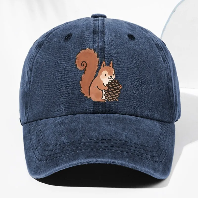 Squirrel Print Vintage Washed Baseball Cap Unisex Adjustable Cotton Cap for All Seasons Outdoor Daily Wear