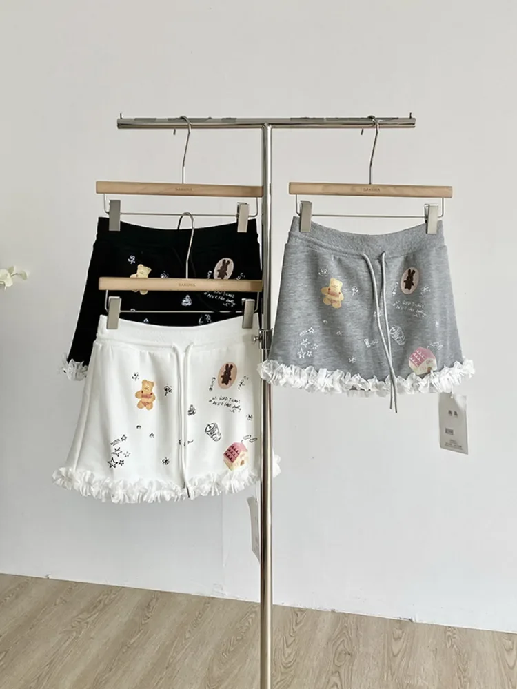 

Korean 2025 Fashion Sweet Graffiti Lace Splicing Half Length Skirt Short Women Summer Slimming Design Chic Short Skirts