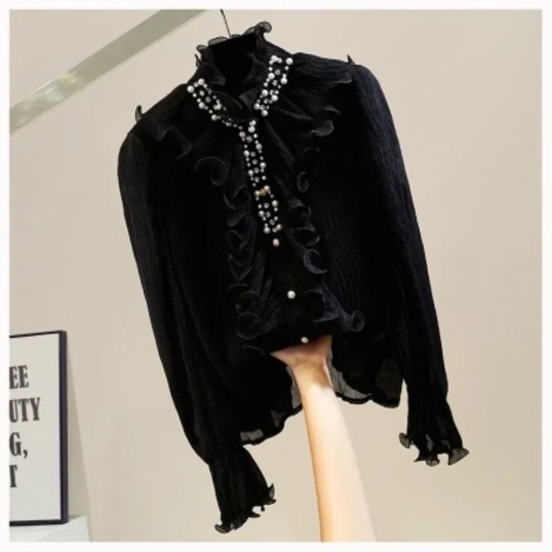 2024 New Elegant Shirts Women Design Diamonds Loose Casual Tops Long Sleeve Ruffles Gentle Office Lady Blouses Spring