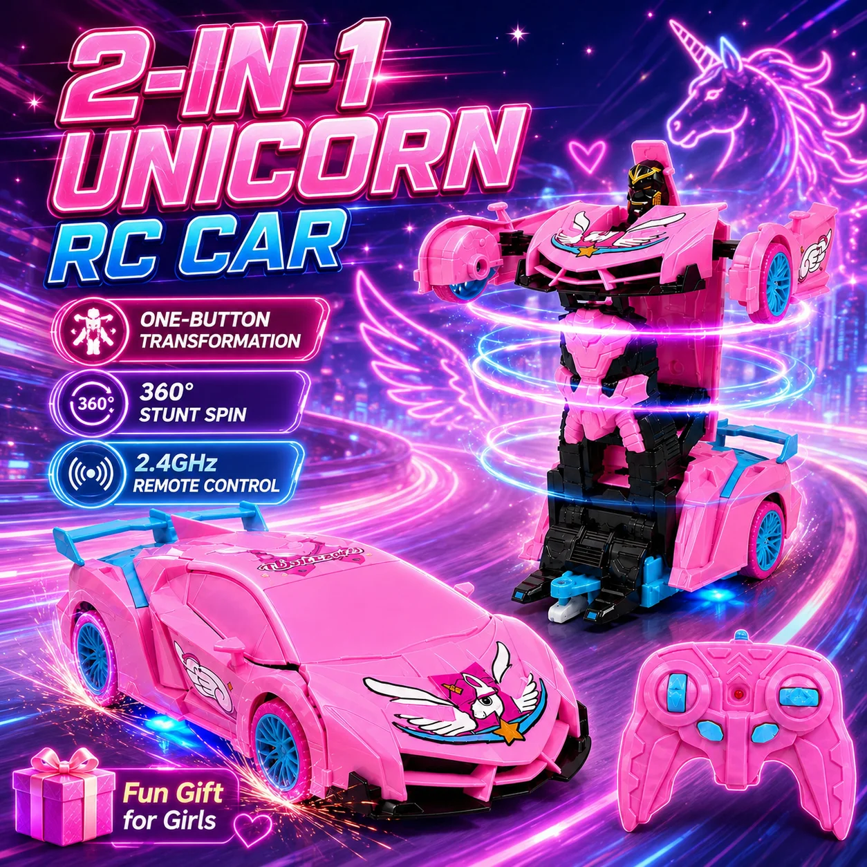1:18 Pink RC Car Remote Control Car for Kids Transform Robot Vehicle with LED Lights Drift Stunt Racing 360° Rotation Toy Gift