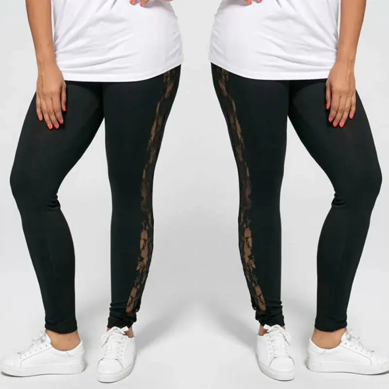 Women\'s Ladies Floral Lace High Waist Pants Side Panel Cut Out Black Leggings Plus Size Ladies Clothes Patchwork Trousers