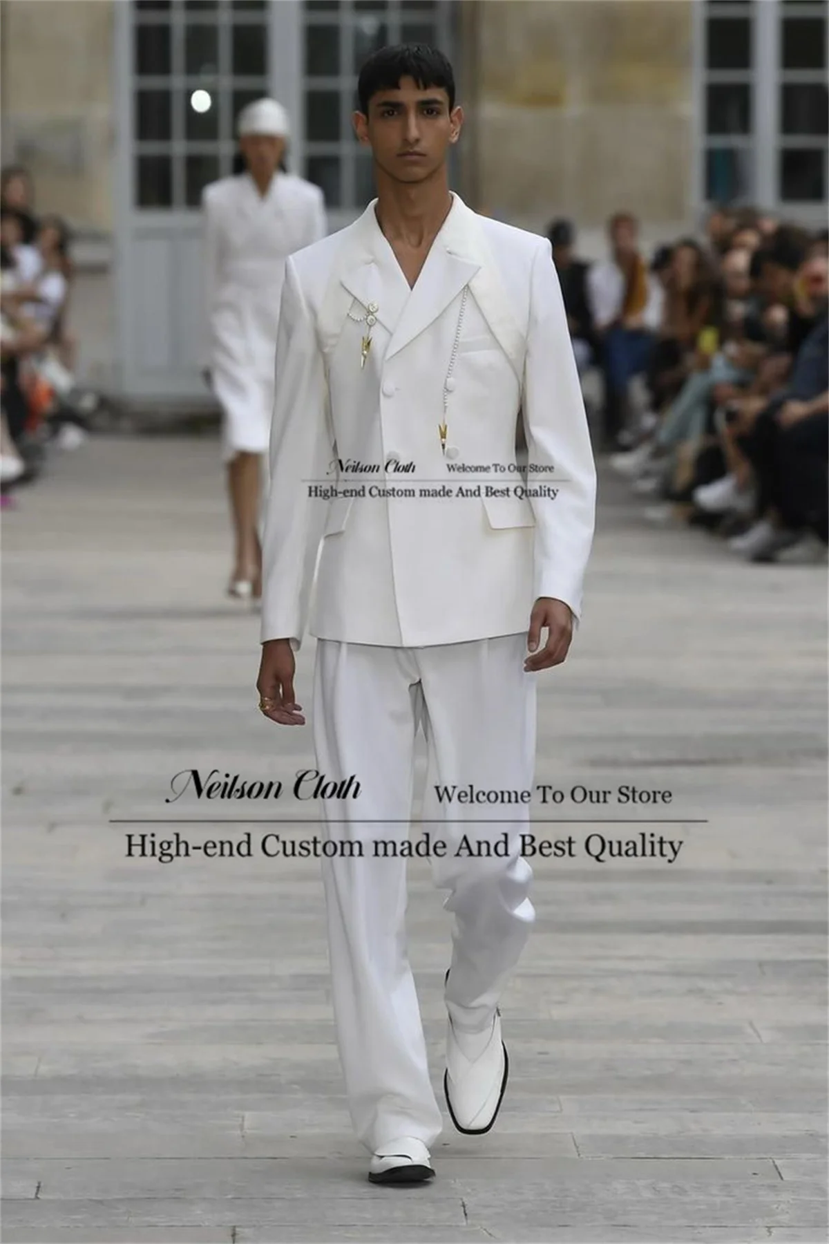 

Fashion White Male Prom Blazers Slim Fit Double Breasted Groom Wedding Tuxedos Customized Groomsmen 2 Piece Sets Costume Homme