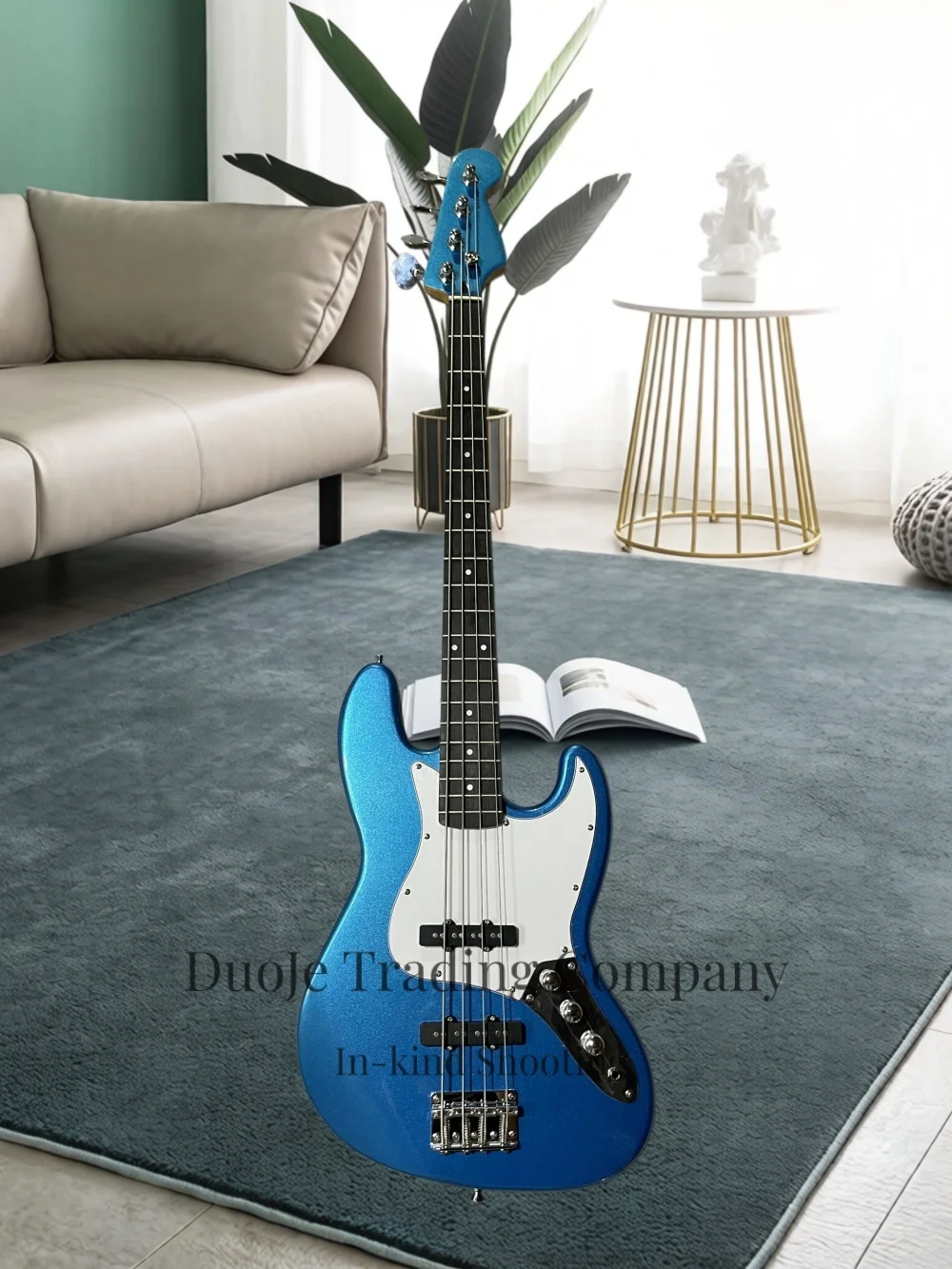 4 string metallic blue bass guitar,fixed bridge, white pickup guard, solid wood body, maple neck, factory custom