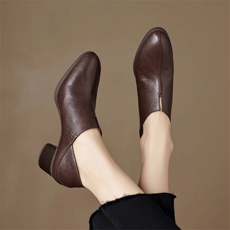 New Autumn Genuine Leather Women Shoes Fashion Round Toe Casual Shoes for Women Chunky Heel Shoes Women Pumps Zapatos De Mujer