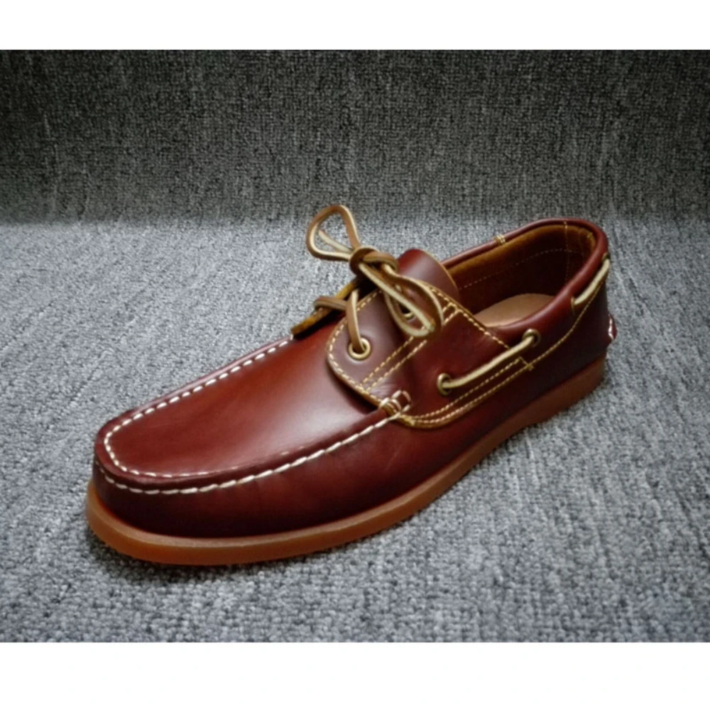 Fashion Genuine Leather Men's loafers Retro Low-top British Work Shoes Casual Breathable Boat Shoes Driving Wine red Handmade
