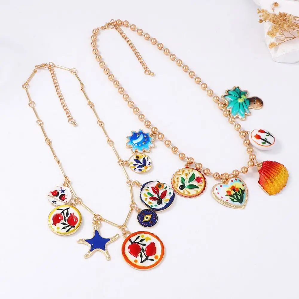 

Simple Metal Chain Enamel Floral Necklace Gold Layered Flower Pendant Necklace Neck Jewelry Retro Multi Layer Choker Beach