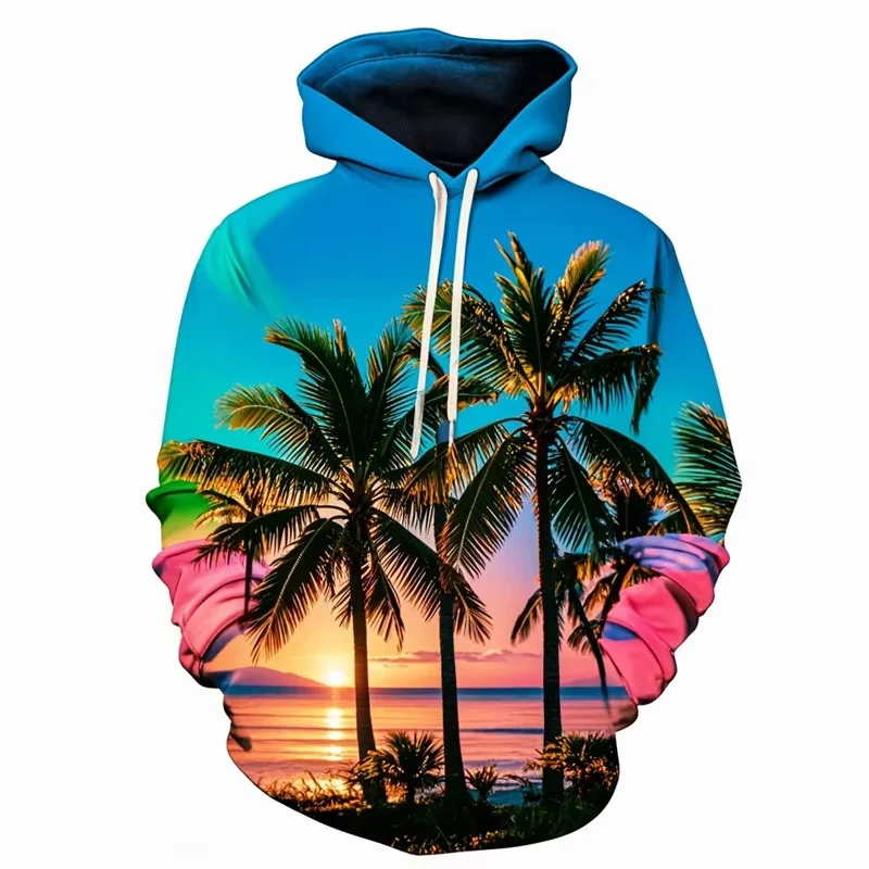 Sunset Beach Pattern Hoodie For Men Coconut Tree 3D Printed Long-Sleeved Vacation Loose Hoodies Sweatshirt Street Tops Pullover