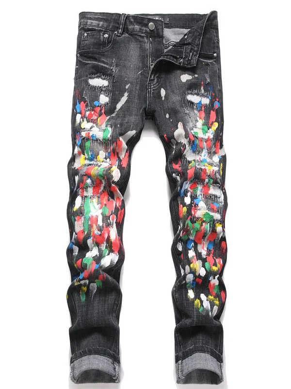 

Men's Distred Skinny Jeans Spray Paint Ink Tight Fit Denim Pants Tear Wear Resistant mid Waist Zipper Closure Novel Poly...