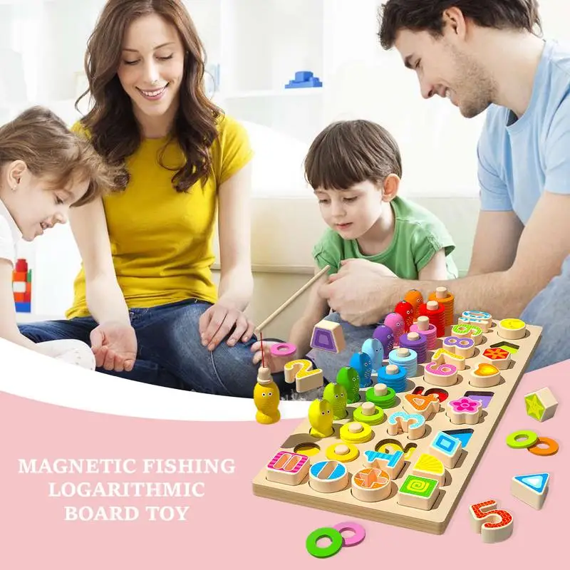 Fishing Game For Kids Magnetic Wood Logarithmic Board Games Fish Rod Toys For Children Early Educational Montessori Learning Toy