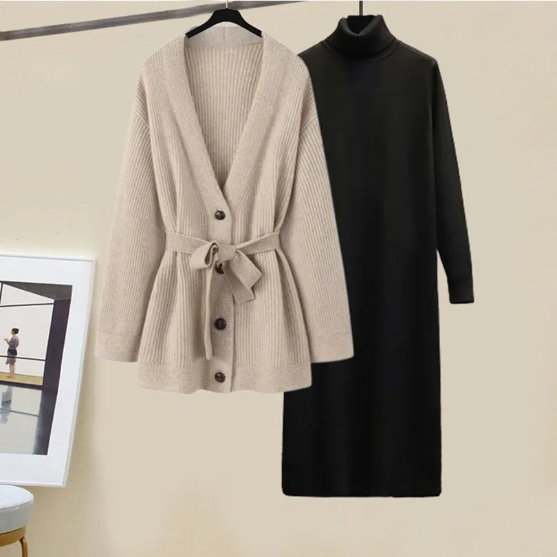 Oversized Women's Winter Set 2023 New Korean Fashion Sweater Waist Shrinking Slim Dress Two Piece Set Fashion