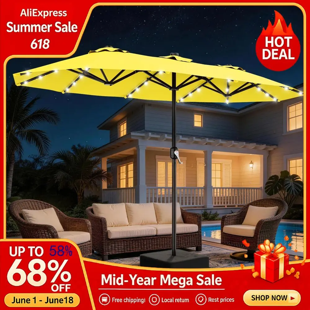 

13 FT Rectangular Market Umbrella, Double Sided Crank Type, Solar Lights Outdoor Umbrella, Custom