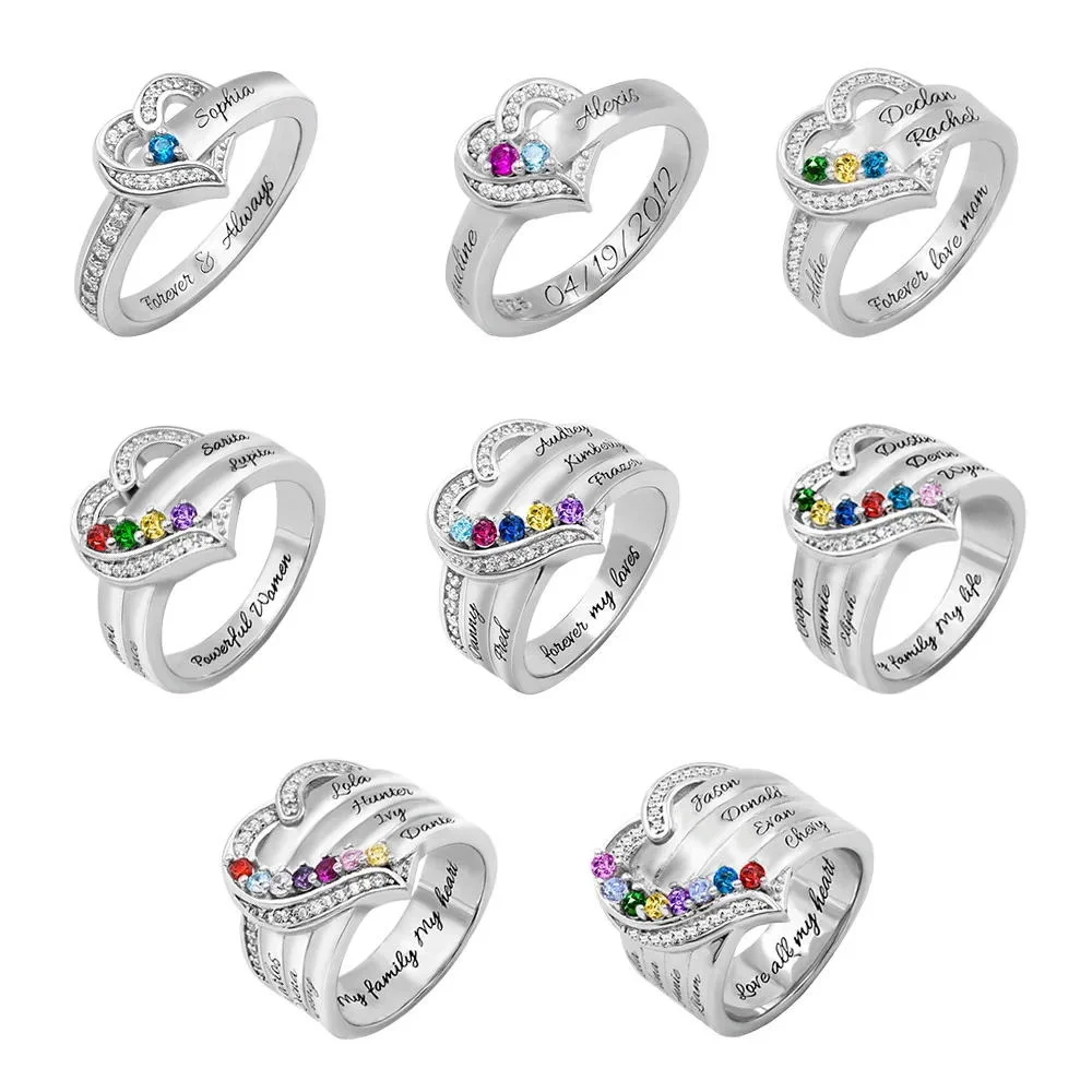 Personalized Heart Engraved Name With Birthstone Rings 925 Sterling Silver Fashion Jewelry Birthday Gifts for Women Girl Family