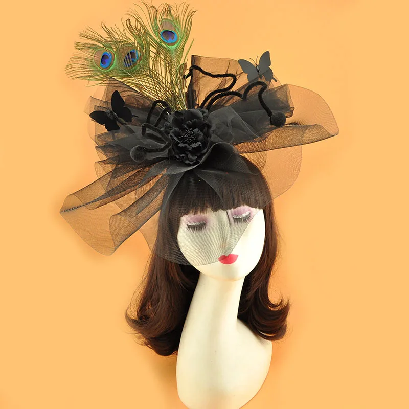 

Large Feather Flower Fascinators for Women Elegant 2023 Black Mesh Gauze Wedding Party Headpiece Chapéu Fascinator De Casamento