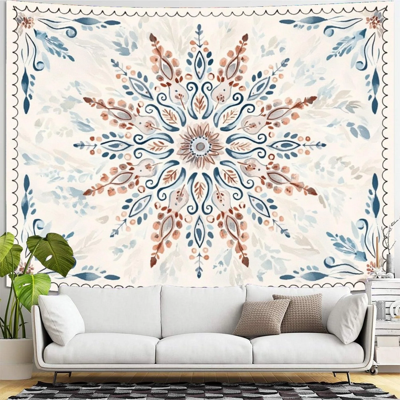 Boho Floral Mandala Tapestry 2D Digital Print Polyester Wall Hanging Living Room Bedroom Dorm Decor with Hooks