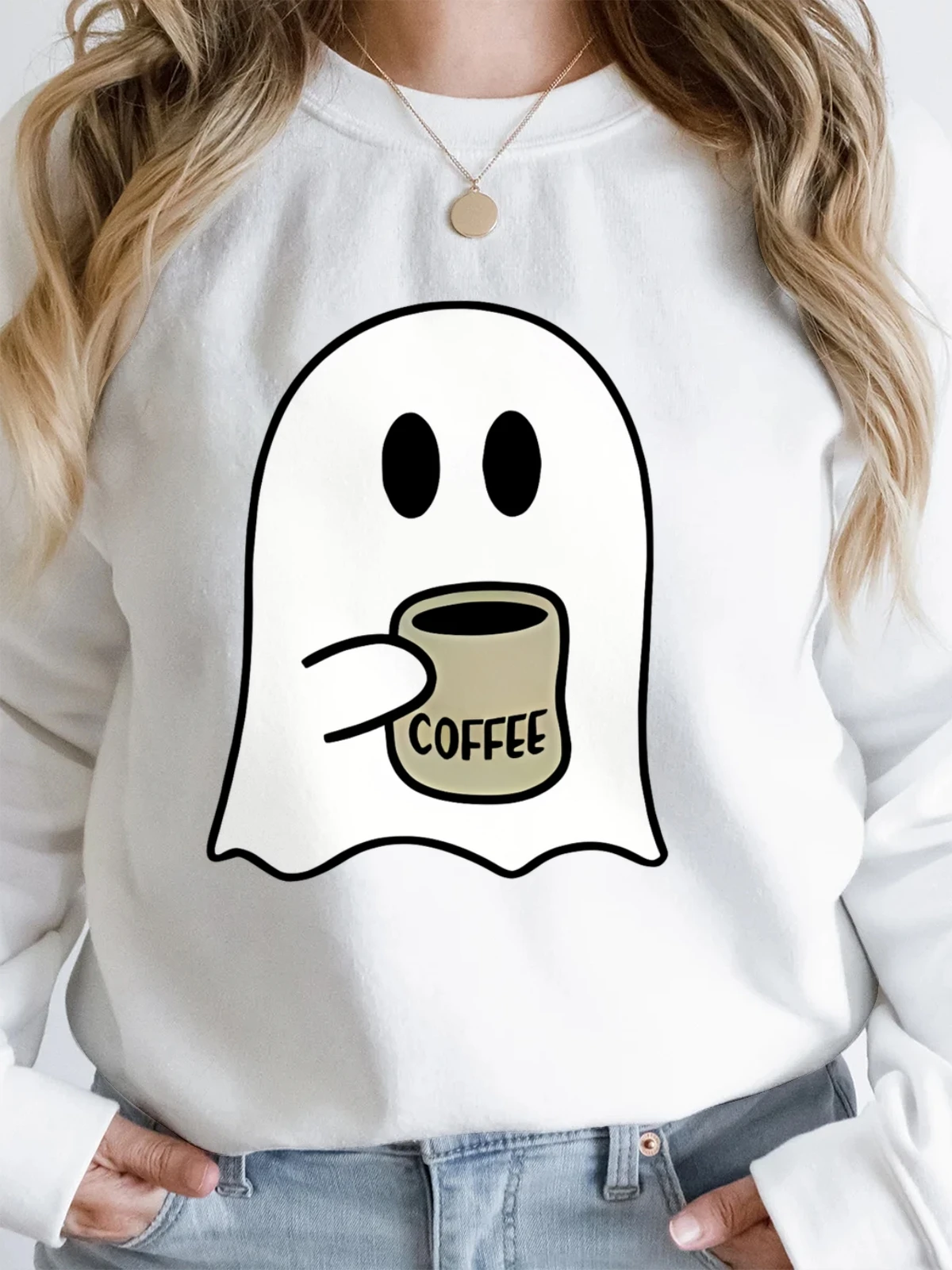 女性の面白いハロウィンコットンクルーネックスウェットシャツコーヒーを飲むグラフィックパーカーソフト通気性秋クルーネックプルオーバー