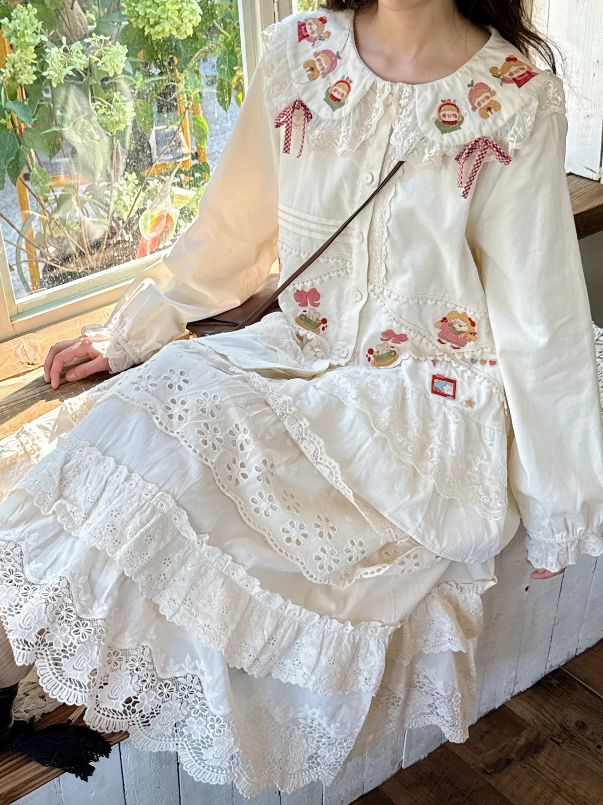 Mori Mädchen süße Lolita Baumwolle Langarm Shirt Frühling Herbst 2025, süße Mädchen Frauen süße Spitze Stickerei Shirt Blusen Tops