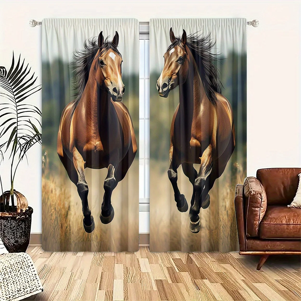 Running Horse Grassland Print Drapes Room Darkening Window Curtains for Home Decor,Rod Pocket Blackout Curtains Bedroom