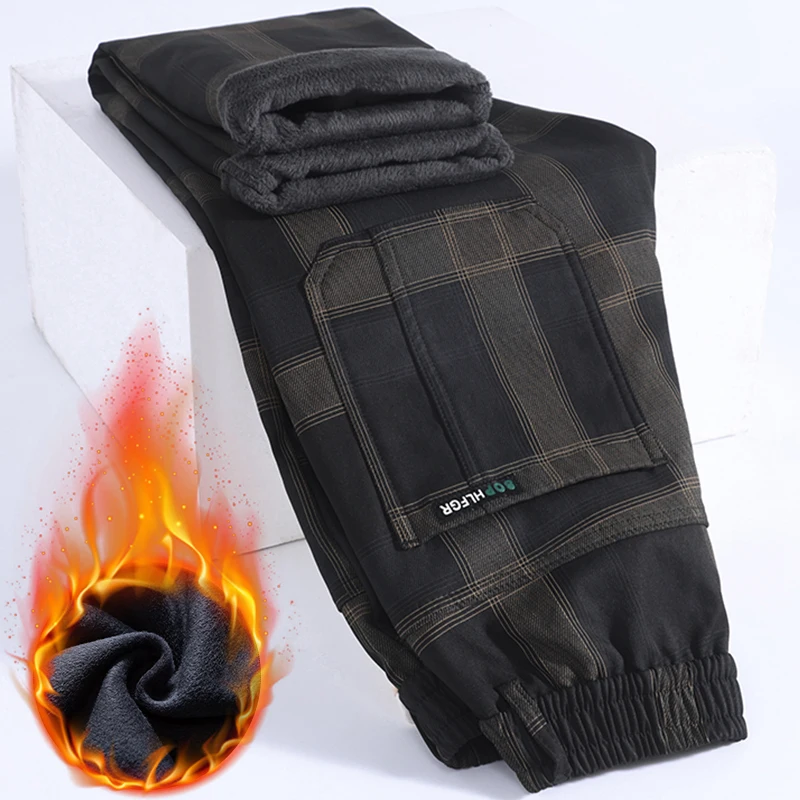 2024 New Winter Luxury Plaid Check Pattern Fleece Thick Warm Casual Pants Men Business Velvet Korean Pocket Long Trousers Male
