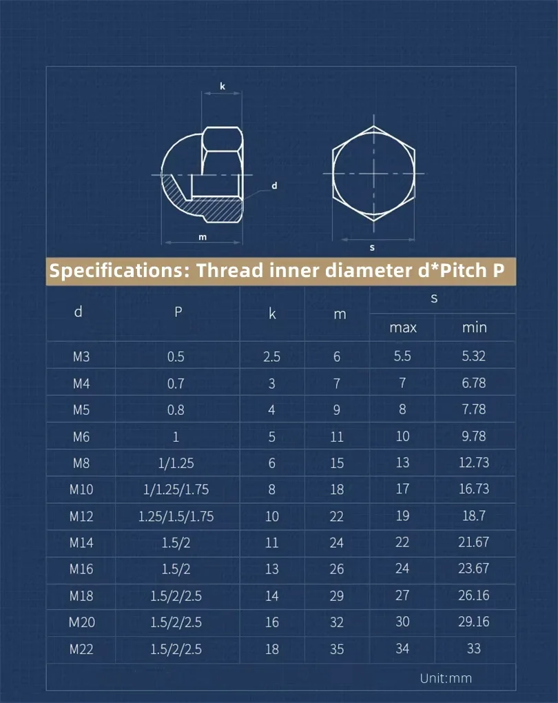 M8 M10 M12 M14 M16 M20 304 Stainless Steel Fine Thread Hex Cap Nut Domed Nuts For Decrotive