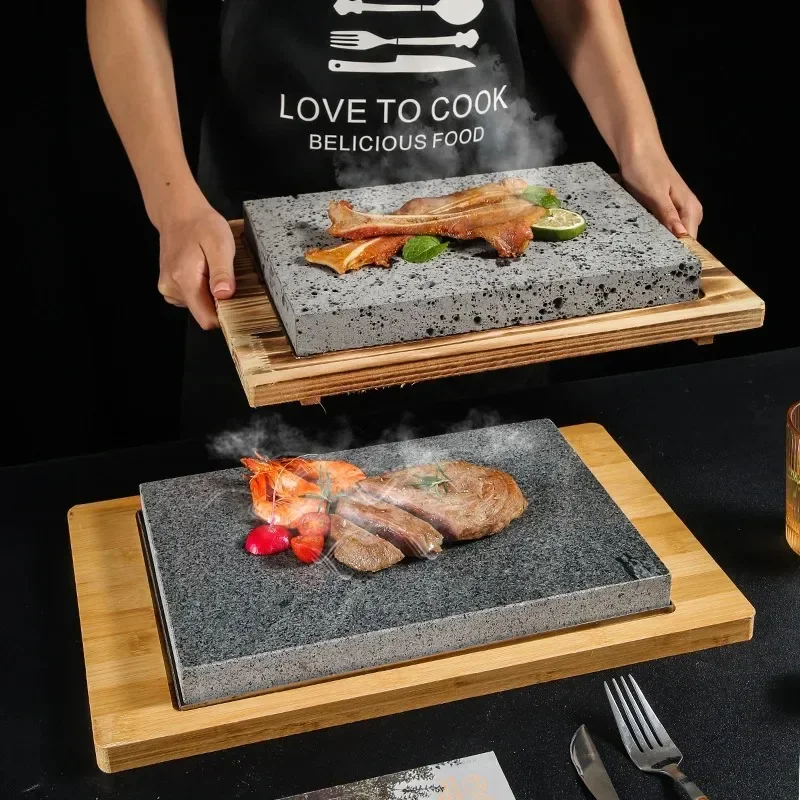 Natural Volcanic Rock Lava Stone Round Steak Stone BBQ Tray Cooking Outdoor Cookware Stone Serving Food Slate