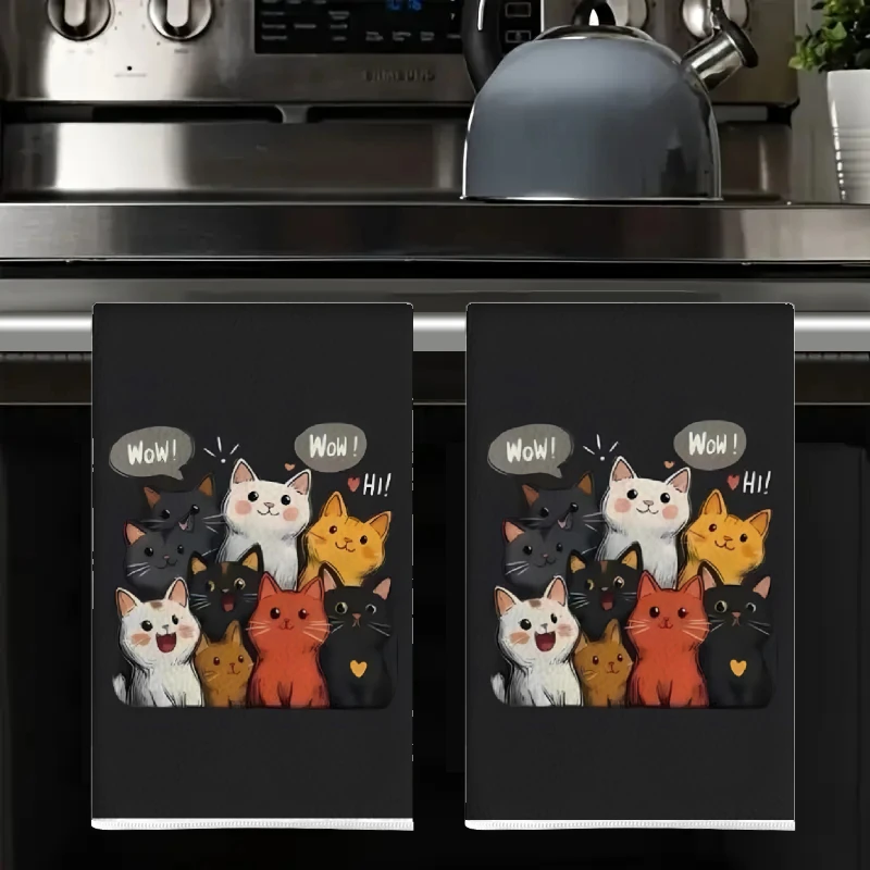 2Pcs, Black Background Cat-Themed Kitchen Towels, 40Cm*60Cm Towel Set, Super Absorbent Soft Cleaning Cloth, Cooking and Baking Tea Towel, Hand Towel, Cleaning Cloth, Dishcloth, Kitchen Decoration, Living Room Decoration, Kitchen Essentials, Home Essentials