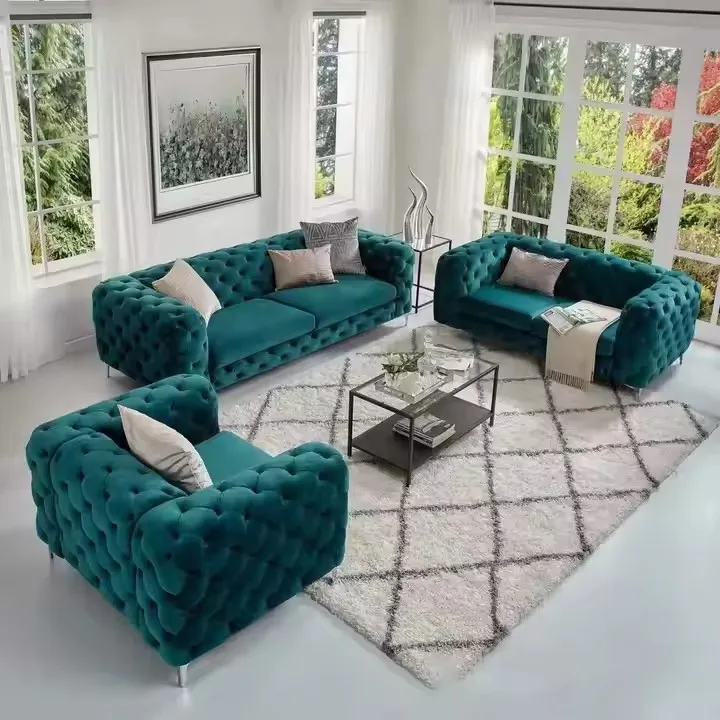 

Modern Luxury Living Room Sofa Upholstered Green Velvet Chesterfield Sectional Couch Home Furniture Set
