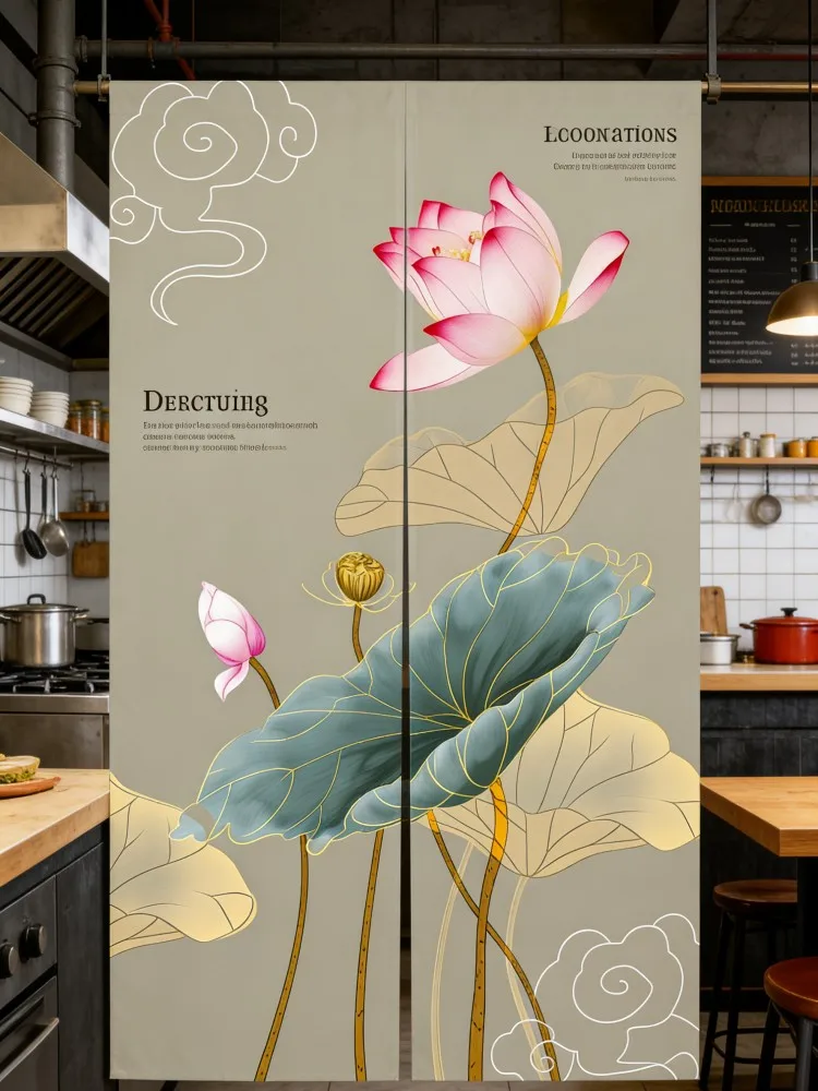 Elegant Lotus Flower Door Curtain | Chinese Style Floral Print | Privacy Drape for Kitchen & Bathroom