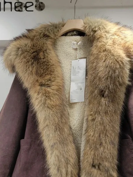 

American Brown Suede Cotton Coat for Women Street Trendy Faux Fur Integrated Collar Fashionable Warm Thick Plush Coat Winter New