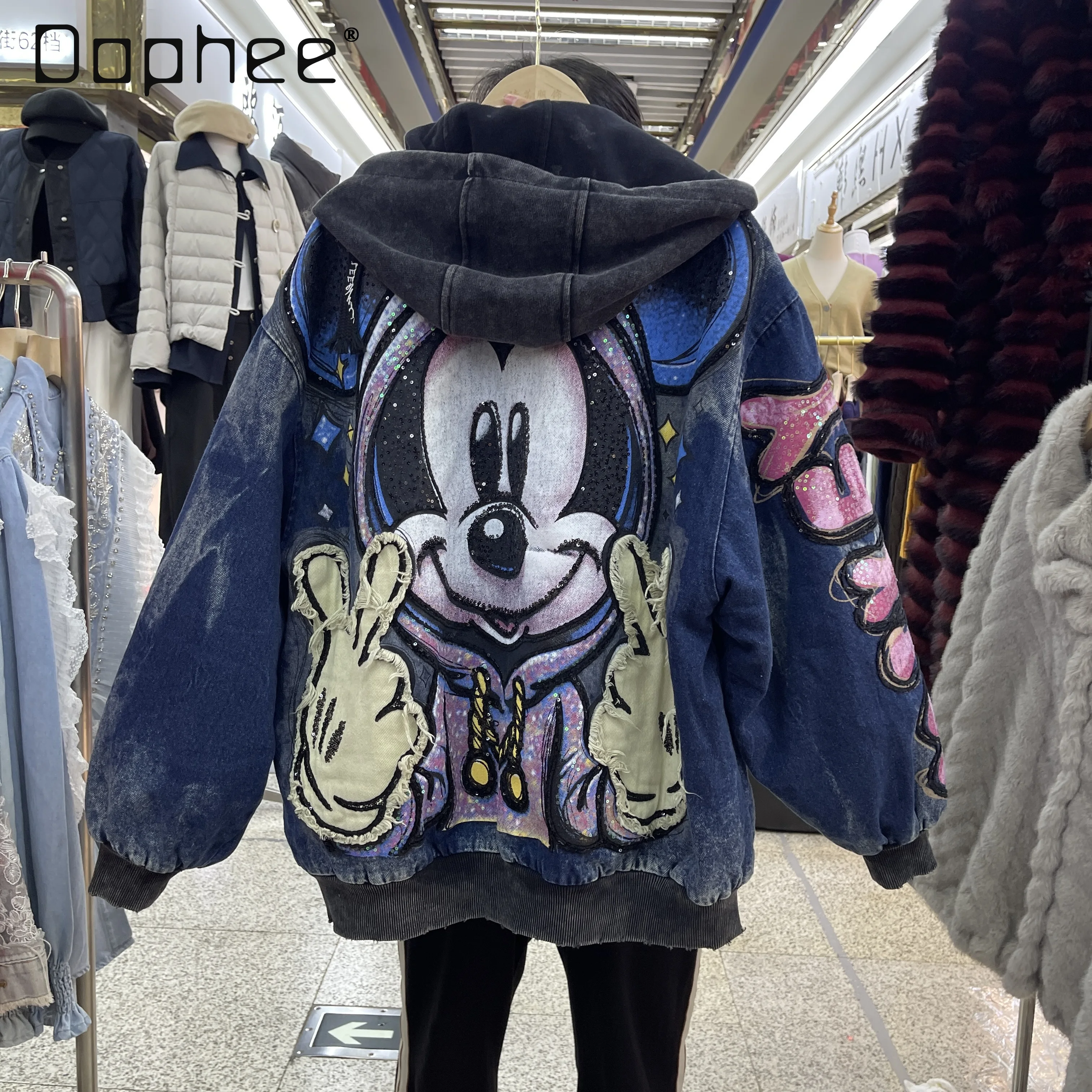 

Denim Cotton Jacket Women European Brand Trendy Patchwork Cartoon Top Hip Hop Jacket Hoodies Women Winter Clothes