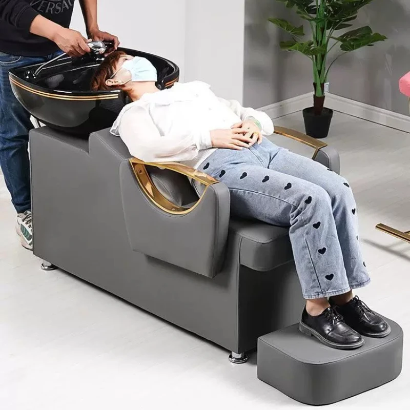 Luxury Designer Shampoo Bed Beauty Salon Massager Ceramic Basin Shampoo Bed Machine Lavacabezas Profesional Barber Furniture