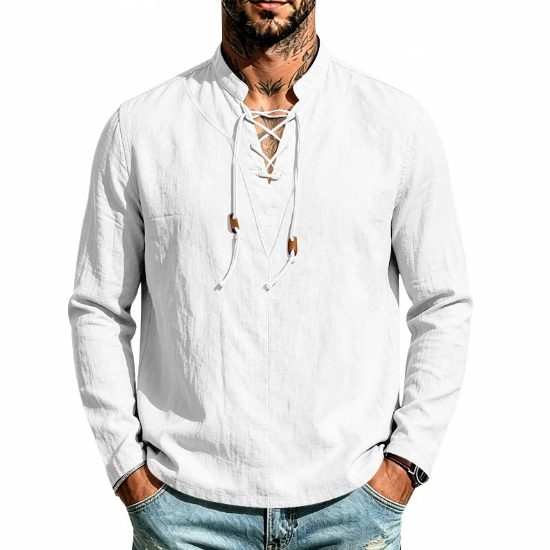 Men's Linen Long Sleeve Shirt Stand Collar Cross Strap Design Casual Pullover Tops Spring Autumn Men's Shirt for Men