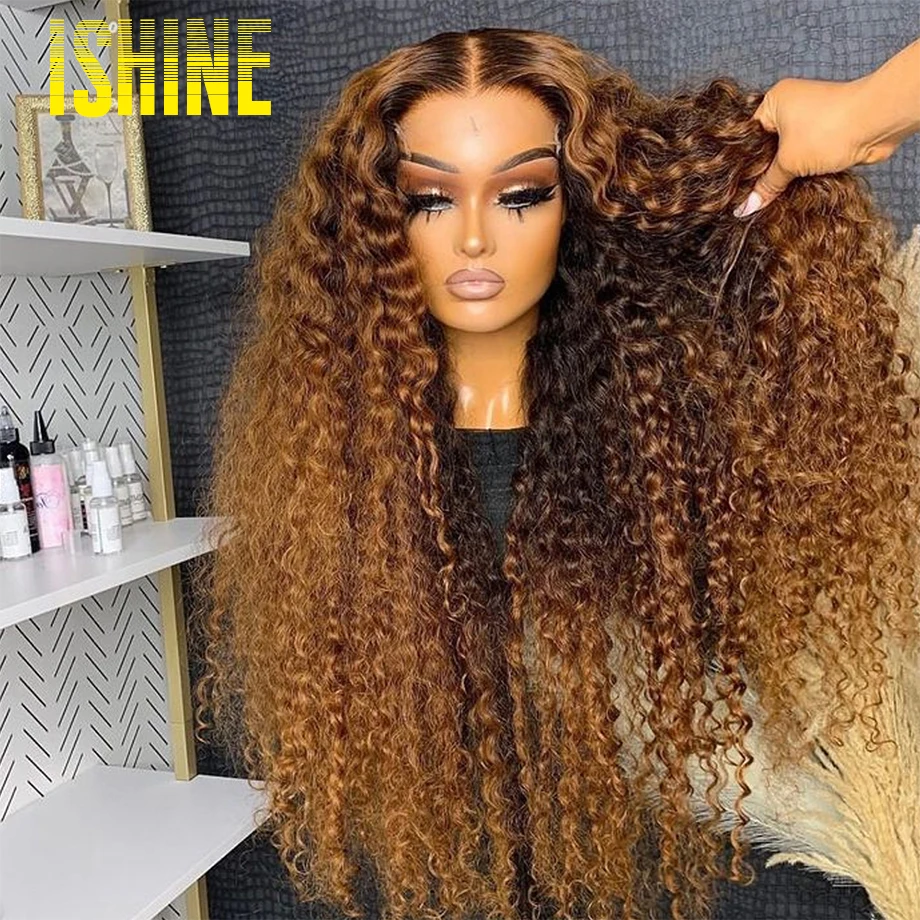 

ISHINE 32 Inch 4/27 Highlight Ombre Deep Wave HD Lace Front Wigs Curly Brown 13x6 Lace Frontal Human Hair Wig Water Wave