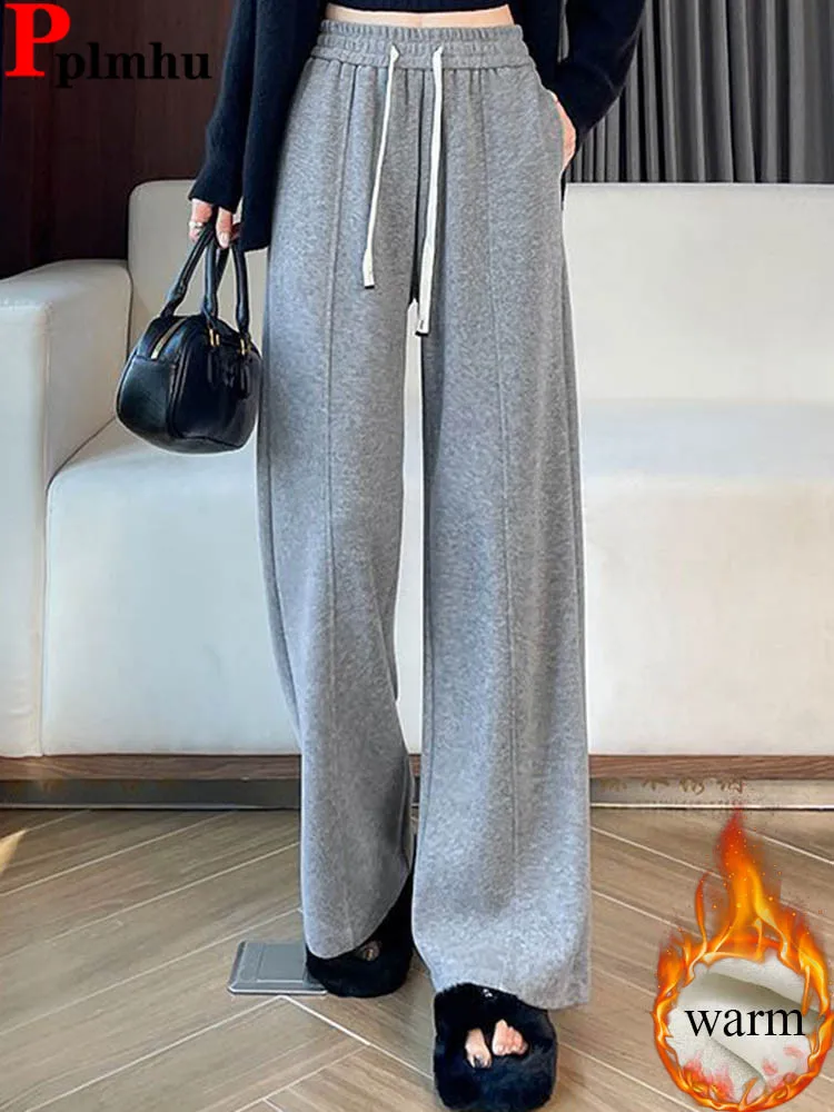

Зимние теплые утепленные прямые брюки, корейские модные эластичные спортивные штаны с высокой талией на бархатной подкладке, женские повседневные свободные шерстяные брюки