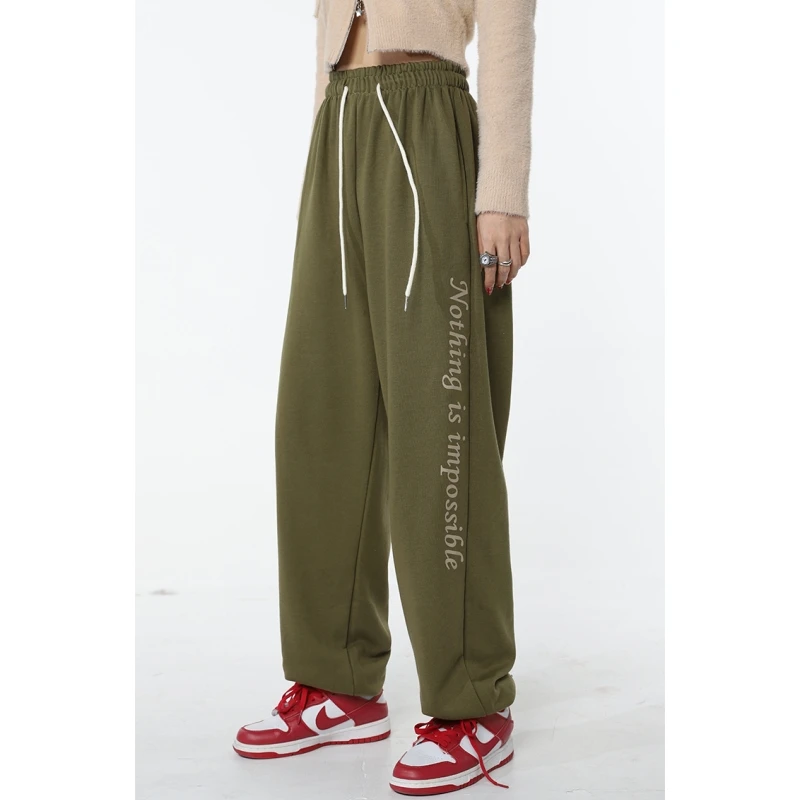 Pantalon de survêtement vert pour femmes, lettres imprimées, ample, taille haute, Vintage, Baggy, mode américaine, jambes larges et droites