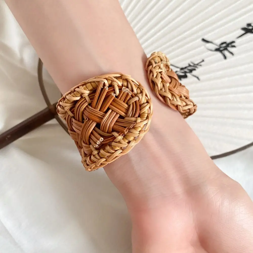 Anillo de mano, pulsera tejida de ratán, joyería de mano hecha a mano, brazalete de estilo étnico, adornos de vacaciones con forma de Nido de Pájaro