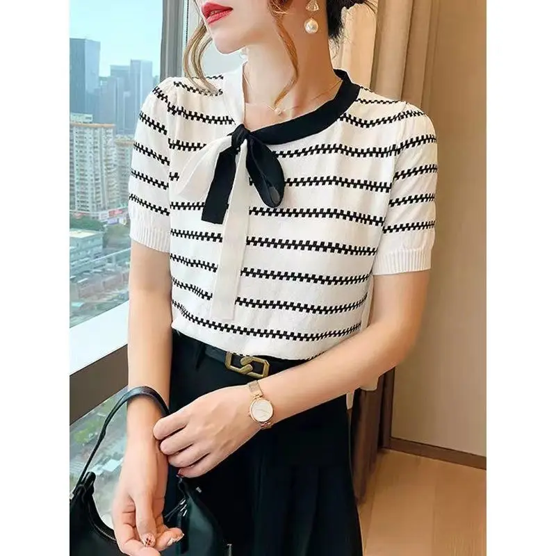 Summer Round Neck Fashion Short Sleeve T-shirt Women High Street Bow Patchwork Striped Knitting Pullovers Elegant All-match Tops