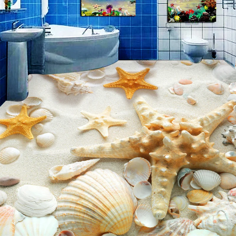 3D Floor Tiles Mural Wallpaper Modern Beach Shell Photo Wall Painting Sticker Bathroom Living Room PVC Waterproof Wear 3D Fresco