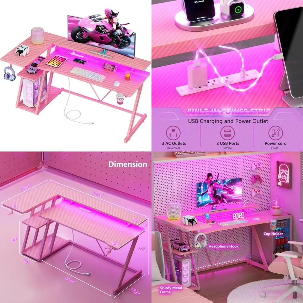 L-Shaped Pink Gaming Desk with 55 Inch LED-lit Corner Computer Desk and 3-Tier Storage Shelves